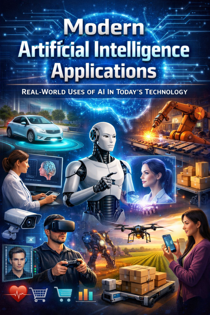 A futuristic digital illustration showing the modern applications of artificial intelligence in everyday technology. The image includes a humanoid robot, autonomous car, robotic factory arm, medical AI analysis, VR gaming, and drone delivery systems. A glowing AI brain with circuit patterns appears in the background, symbolizing advanced machine learning and smart technology integration. The scene highlights how AI powers industries like healthcare, manufacturing, transportation, and digital services.