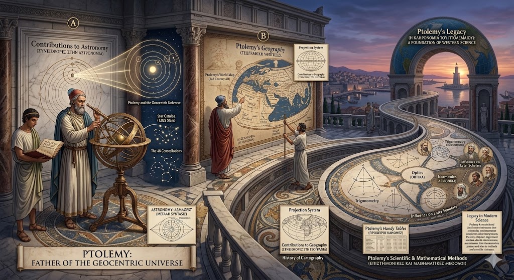 An educational infographic titled "Ptolemy: Father of the Geocentric Universe," illustrating his vast contributions to science. The left panel showcases his work in astronomy, featuring a student, an armillary sphere, and diagrams of the Almagest and 48 constellations. The central section displays his "Geography" with a large world map and projection systems, while the foreground mosaic details his scientific and mathematical methods, including trigonometry and optics. The background overlooks the Lighthouse of Alexandria, symbolizing his enduring legacy through the centuries.