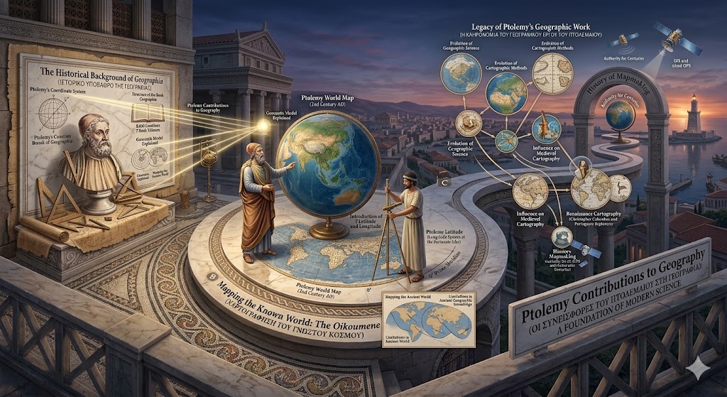 An educational infographic highlighting Ptolemy contributions to geography, showing the transition from his coordinate system to modern GPS technology. The scene features a 2nd-century world map, the introduction of latitude and longitude, and a timeline tracing his Authority for Centuries through medieval and Renaissance cartography.