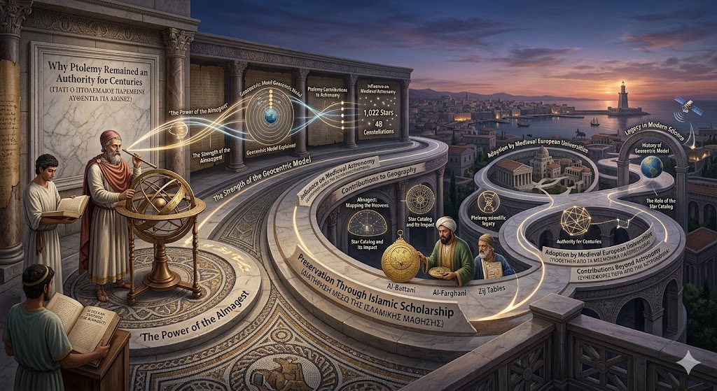 An educational infographic illustrating why Ptolemy remained an authority for centuries, tracing his influence from ancient Alexandria through Islamic scholarship to medieval European universities. The visual timeline connects his Almagest and geocentric model to key figures like Al-Battani, highlighting how his comprehensive star catalog and scientific methods established an enduring legacy.