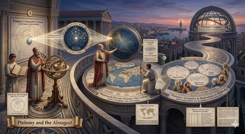 An educational infographic titled "Ptolemy and the Almagest" that presents the scholar’s massive contributions to science within a detailed scene set overlooking the Lighthouse of Alexandria. On the left, Ptolemy uses an armillary sphere, with diagrams of the Geocentric model and Star Catalog (1,022 Stars). In the center, he points to his 2nd-century AD World Map, surrounded by text on his Contributions to Geography and Projection Systems. On the right, complex mosaic sections connect his scientific and mathematical methods—including trigonometry, optics, and harmonics—to his profound influence on later scholars and his legacy in modern science.