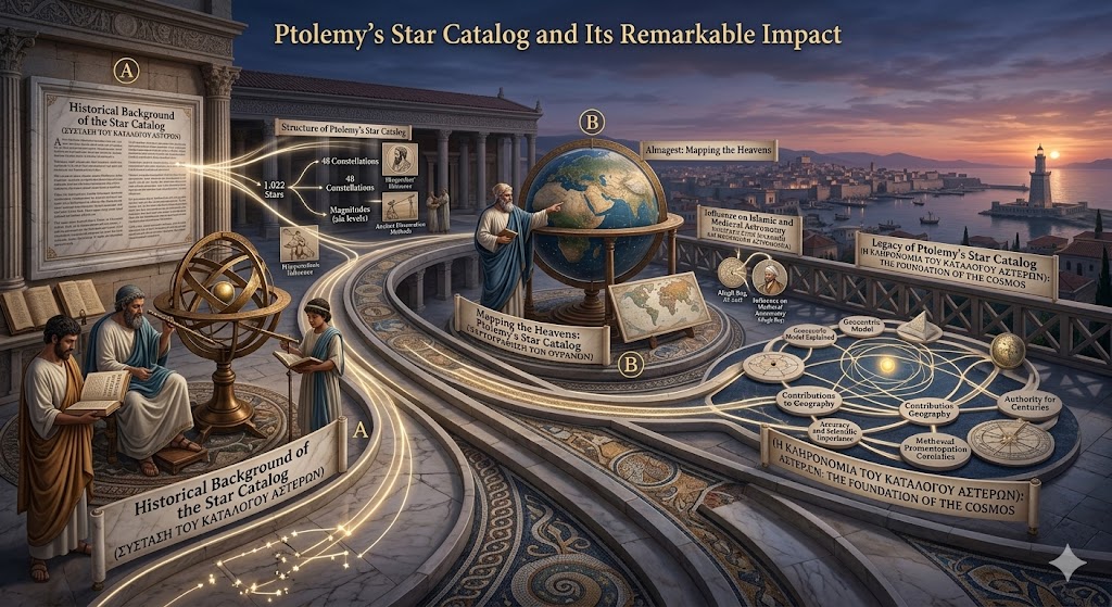 An educational infographic titled "Ptolemy’s Star Catalog and Its Remarkable Impact," depicting the historical journey from ancient Greek observations to medieval astronomy. The visual showcases the catalog's structure of 1,022 stars and 48 constellations, Ptolemy’s mapping of the heavens using an armillary sphere, and a mosaic floor tracing his legacy as an Authority for Centuries in geography and celestial science.