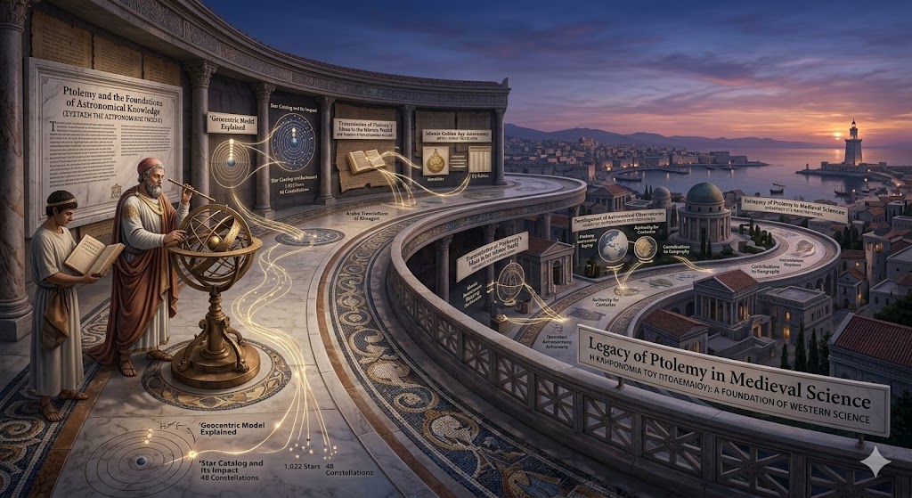 An educational infographic illustrating Ptolemy’s influence on medieval astronomy, following a timeline from his foundations in Alexandria to his legacy in medieval science. The visual connects his Geocentric Model Explained and vast star catalog to the Islamic Golden Age and European universities, showing how his work served as the Authority for Centuries across different cultures and eras.