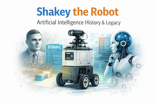 Shakey the Robot Artificial Intelligence History illustration showing the famous early AI robot developed at Stanford Research Institute. The image features Shakey, a wheeled robot with a camera and sensors, representing one of the first mobile robots capable of reasoning about its actions. On the left side appears Alan Turing, symbolizing the origins of modern computing and AI theory. On the right, a futuristic humanoid robot represents the evolution of artificial intelligence technologies. Digital interfaces, data panels, and robotic elements highlight the progress of AI research and robotics. Overall, the visual represents Shakey the Robot Artificial Intelligence History and its lasting legacy in modern AI development.
