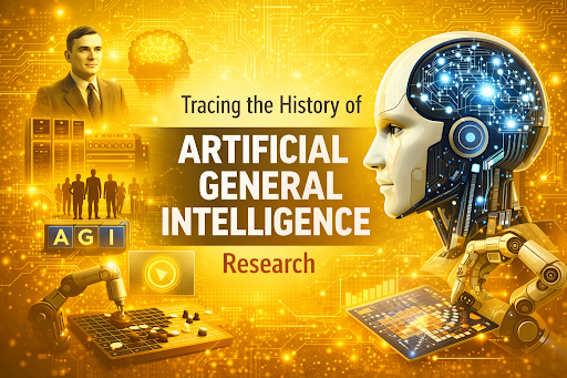 Illustration representing the artificial general intelligence research history, showing Alan Turing, neural networks, GPT models, and a robot playing Go to symbolize the evolution toward AGI.