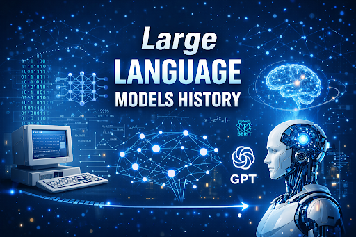 Illustration showing the large language models history, featuring the evolution from early computers to modern AI robots and neural networks. Digital brain and transformer-based AI systems represent milestones in the large language models history. Timeline visualization highlights the development of NLP technologies like BERT and GPT in the large language models history.
