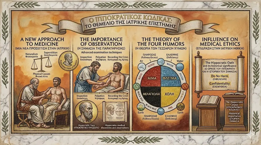 An educational infographic detailing The Hippocratic Corpus through four pillars: the shift from superstition to naturalism, the mastery of clinical observation, the Theory of the Four Humors, and the establishment of medical ethics. The visual features classical Greek illustrations of patient exams, a humoral balance diagram, and the Hippocratic Oath scroll. It serves as a comprehensive guide to the first systematic study of medicine.