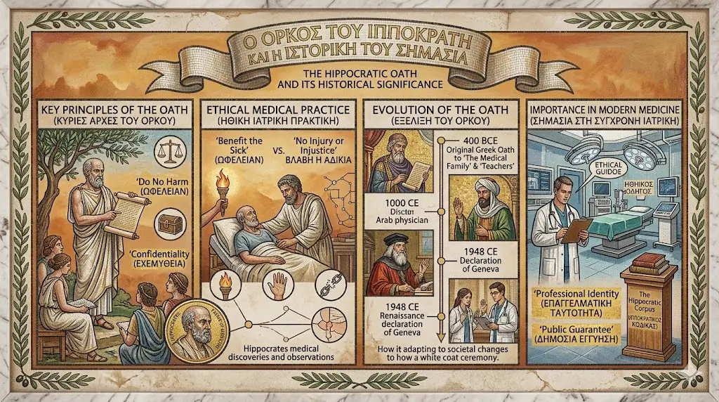 An educational infographic detailing the Hippocratic Oath and its historical significance, showcasing the transition from ancient Greek ethics to modern healthcare. The visual features panels on key principles like "Do No Harm" and confidentiality, alongside a timeline tracing the Oath's evolution from 400 BCE to the 1948 Declaration of Geneva. It concludes with the Oath's role in modern medicine, emphasizing professional identity and the enduring legacy of the Hippocratic Corpus.