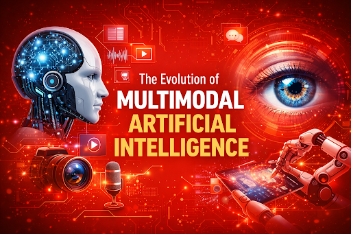 The Incredible Rise of Multimodal Artificial Intelligence: Beyond Single-Sense AI Illustration showing the multimodal artificial intelligence evolution with a robotic AI head, human eye, camera, microphone, and digital interfaces connected together on a red background representing multimodal AI systems.