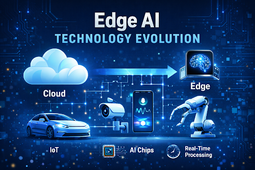 The Powerful Edge AI Technology Evolution: From Cloud Dependence to Intelligent Devices Illustration showing edge AI technology evolution, highlighting the shift from cloud computing to intelligent edge devices processing data locally. Visual concept of IoT devices, AI chips, and smart systems representing the edge AI technology evolution in modern computing. Futuristic connected devices and real-time processing systems demonstrating how edge AI technology evolution powers intelligent edge applications
