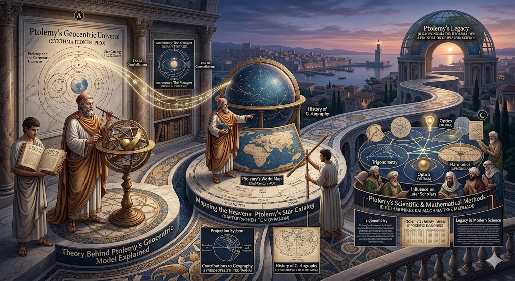 An educational infographic illustrating the theory behind Ptolemy’s geocentric model, set against an ancient Alexandrian background with the lighthouse visible. On the left, Ptolemy uses an armillary sphere, with diagrams detailing his "Almagest" star catalog and celestial constellations. The central section displays his world map and geography contributions, while mosaic panels on the right connect his scientific and mathematical methods—trigonometry, optics, and harmonics—to his profound influence on later scholars.