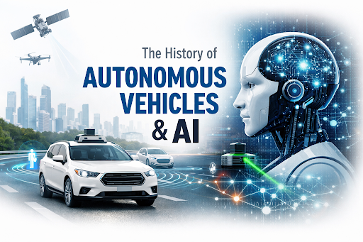 The Remarkable History of Artificial Intelligence in Autonomous Vehicles: From Concept to Reality Illustration showing the autonomous vehicles artificial intelligence history with a self-driving car using sensors on a smart highway and a robotic AI head with neural networks representing modern AI technology.