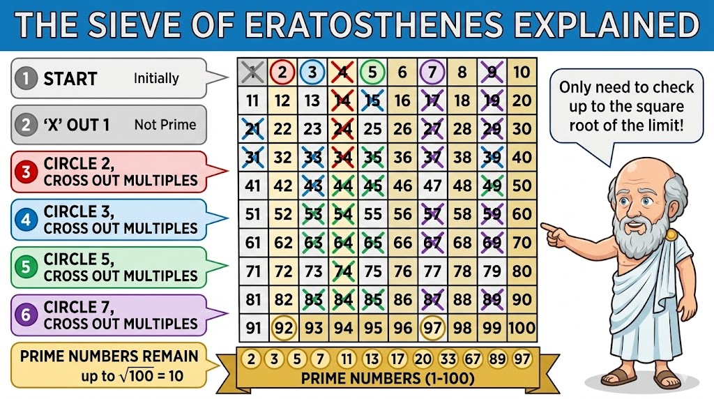 An educational infographic titled 'The Sieve of Eratosthenes Explained', showing a step-by-step process to find all prime numbers up to 100 on a 10x10 grid. A column on the left details six labeled steps, including 'Circle 2, Cross Out Multiples' and 'Circle 3, Cross Out Multiples,' each with color-coded actions. On the 1-100 grid, numbers are circled in different colors or marked with colored 'X's according to these steps, effectively sifting out the composite numbers.At the bottom, a gold ribbon highlights the final set of prime numbers found: 2, 3, 5, 7, 11, and more, up to 97. The process is concluded when it is stated that 'Prime Numbers Remain up to $\sqrt{100}=10$'. To the right, a friendly cartoon illustration of Eratosthenes, wearing a toga, points to the grid and adds a final insight in a speech bubble: 'Only need to check up to the square root of the limit!'