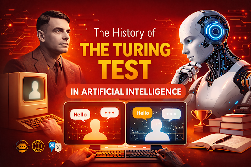 Illustration depicting the Turing Test Artificial Intelligence History, showing Alan Turing, a humanoid robot, and computer screens simulating the imitation game conversation used to evaluate machine intelligence.