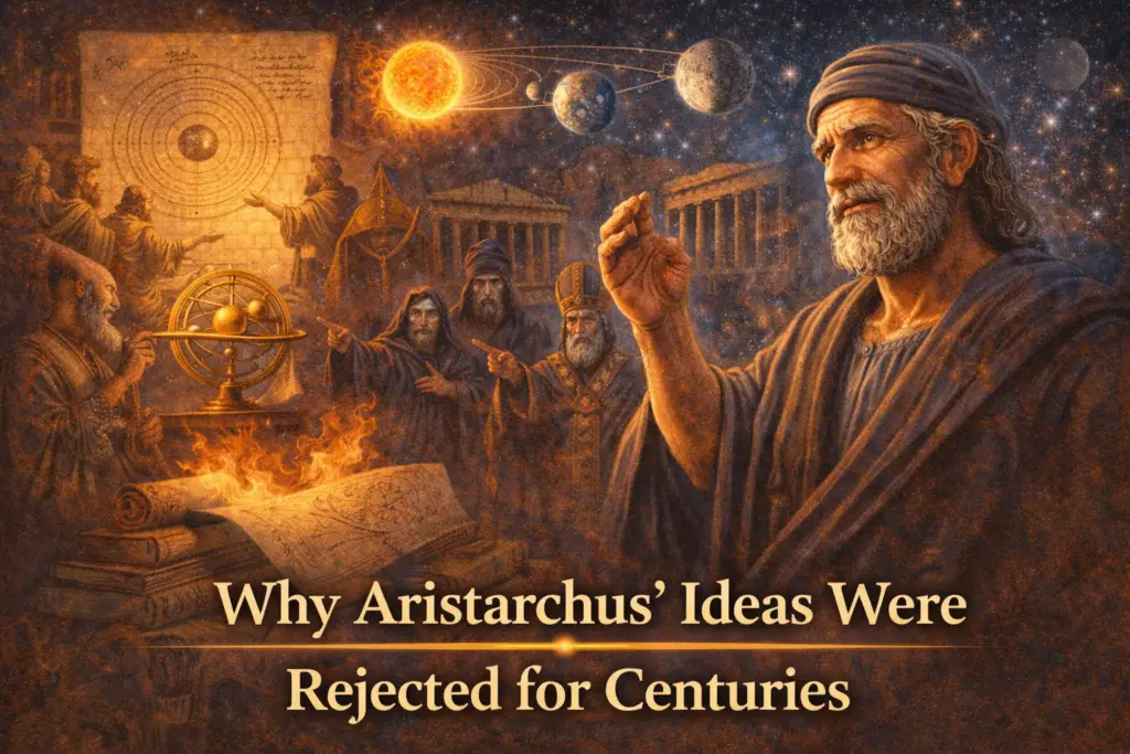 Dramatic illustration of Aristarchus of Samos presenting his heliocentric idea while other ancient scholars and religious figures reject it, with a geocentric diagram on a parchment, an armillary sphere, burning scrolls, and the Sun, Earth, and Moon shown in the sky above ancient Greek temples.