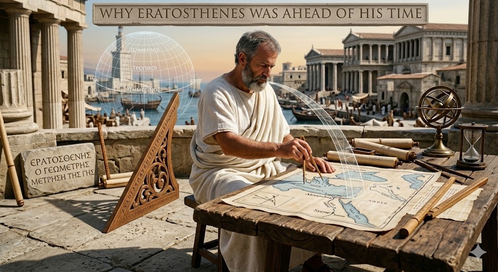 A wide-angle historical illustration showing Eratosthenes at work in an open courtyard in ancient Alexandria, with the Pharos Lighthouse visible in the background harbor. The scholar, an older man with a grey beard wearing a white toga, is seated at a rustic wooden table, using a metal compass and calipers to measure a large parchment map showing the Mediterranean and Nile Delta with a distinct arc labeled $7.2^\circ$.Behind him, a translucent, ghostly white outline of a terrestrial globe floats, marked with circles for the equator, tropics, and meridian, labeled in ancient Greek text ("ΙΣΗΜΕΡΙΝΟΣ," "ΤΡΟΠΙΚΟΙ," "ΜΕΣΗΜΒΡΙΝΟΣ"). To the left, a stone plaque is engraved with the Greek text: "ΕΡΑΤΟΣΘΕΝΗΣ / Ο ΓΕΩΜΕΤΡΗΣ / ΜΕΤΡΗΣΗ ΤΗΣ ΓΗΣ" (Eratosthenes the Geometer, Measurement of the Earth). Rolled papyrus scrolls, an armillary sphere, and an hourglass surround him. Warm sunlight suggests a late afternoon, with a banner across the top reading, "WHY ERATOSTHENES WAS AHEAD OF HIS TIME."