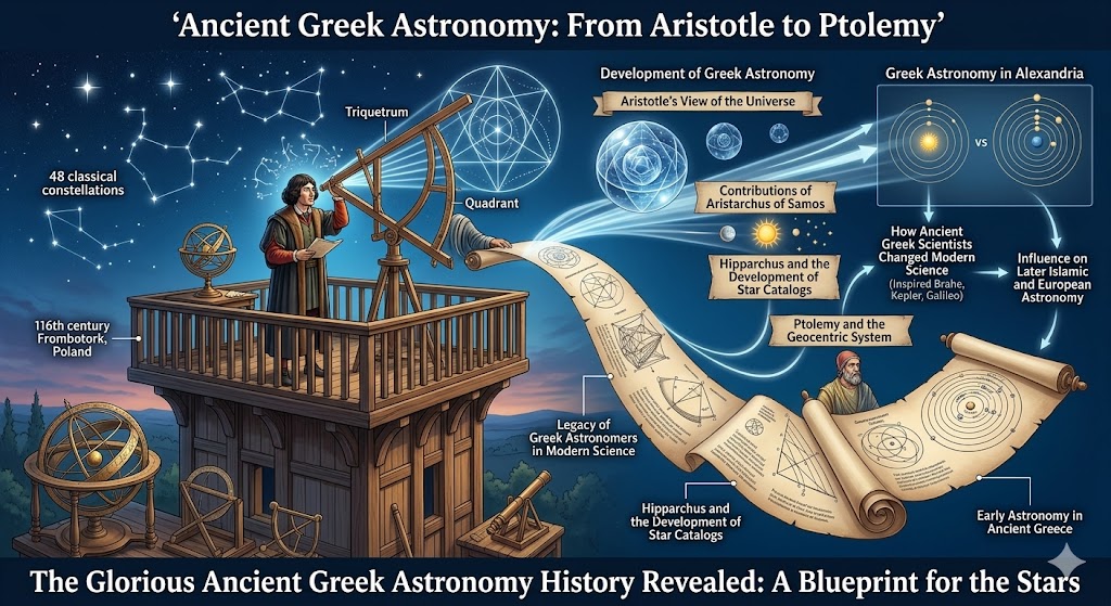 An infographic illustrating ancient greek astronomy history from Aristotle to Ptolemy. It visualizes the development of early planetary models, including Aristotle’s crystalline spheres and Aristarchus' heliocentric view, alongside key milestones like Hipparchus' star catalogs. The graphic features ancient astronomical instruments and traces how Greek scientists laid the groundwork for modern science and later Islamic and European astronomy.