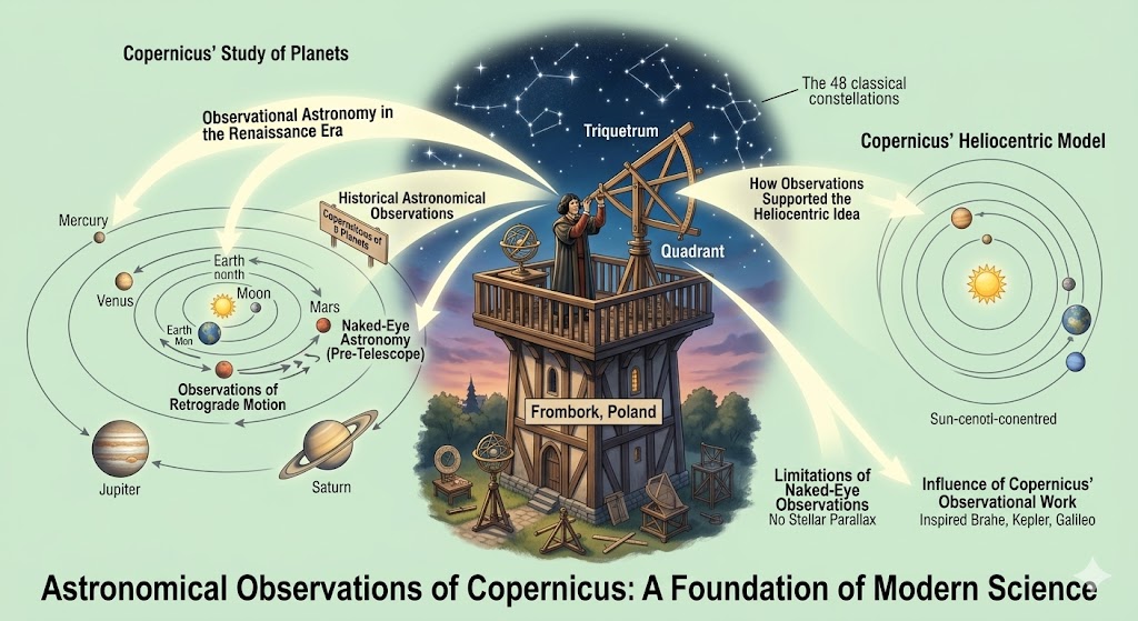 An educational infographic illustrating the historical astronomical observations of copernicus from his tower in Frombork, Poland. The visual features Renaissance-era tools, charts comparing naked eye astronomy to later findings, and detailed diagrams of the Copernican heliocentric model, showcasing how his patient study of planetary tracking laid the foundation for modern science.