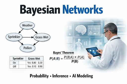 A Bayesian networks diagram showing causal relationships between Weather, Sprinkler, Grass Wet, and Pollen with a conditional probability table and Bayes' theorem formula.