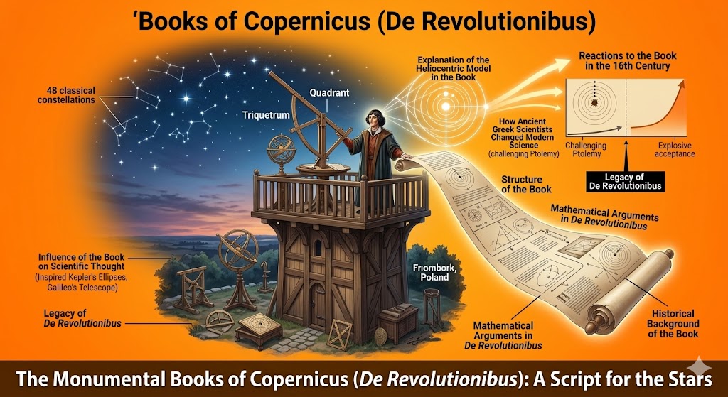 An infographic illustrating the books of copernicus (de revolutionibus), featuring Copernicus on his Frombork tower with astronomical instruments and an unfolding scroll of the text. The visual highlights the structure of the work, how it utilized mathematical arguments and challenge to ancient Greek science, and traces its monumental influence and legacy in launching modern science against a vibrant orange backdrop.