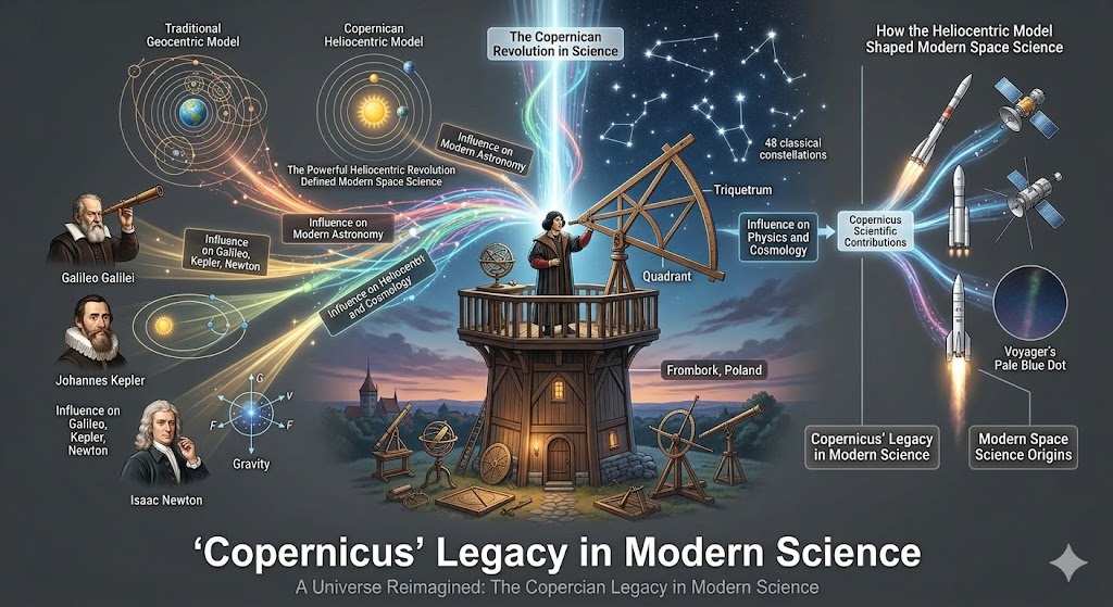 An educational infographic showcasing copernicus’ legacy in modern science against a professional grey background. The visual tracks the evolution of astronomy theories from the medieval geocentric model to the heliocentric revolution, illustrating how his scientific contributions directly inspired the work of Galileo, Kepler, and Newton. The design also bridges the past and present by linking Renaissance observations to the origins of modern space science, including rockets, satellites, and the "Pale Blue Dot" concept.