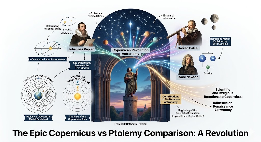 An educational infographic featuring an epic copernicus vs ptolemy comparison set against a clean white background. The visual contrasts ptolemy’s geocentric model explained with the rise of copernicus’ heliocentric model, utilizing diagrams of retrograde motion and elliptical orbits. It highlights the transition from an Earth-centered universe to a Sun-centered system, tracing the historical lineage of the Copernican revolution through scientific giants like Kepler, Galileo, and Newton.