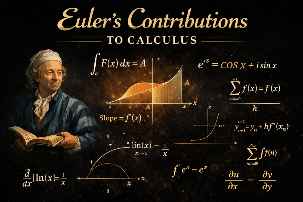 A striking illustration of euler calculus set against a dark background, featuring a portrait of Leonhard Euler holding a book. Surrounding him are glowing mathematical equations, including integrals, derivatives, and exponential functions. Graphs and curves visually demonstrate key concepts central to euler calculus and mathematical analysis. The warm golden tones contrast with the black backdrop, highlighting the depth of his contributions. Symbols and formulas are arranged in a dynamic layout to emphasize innovation and discovery. This image effectively represents euler calculus as a cornerstone of modern mathematical thought.