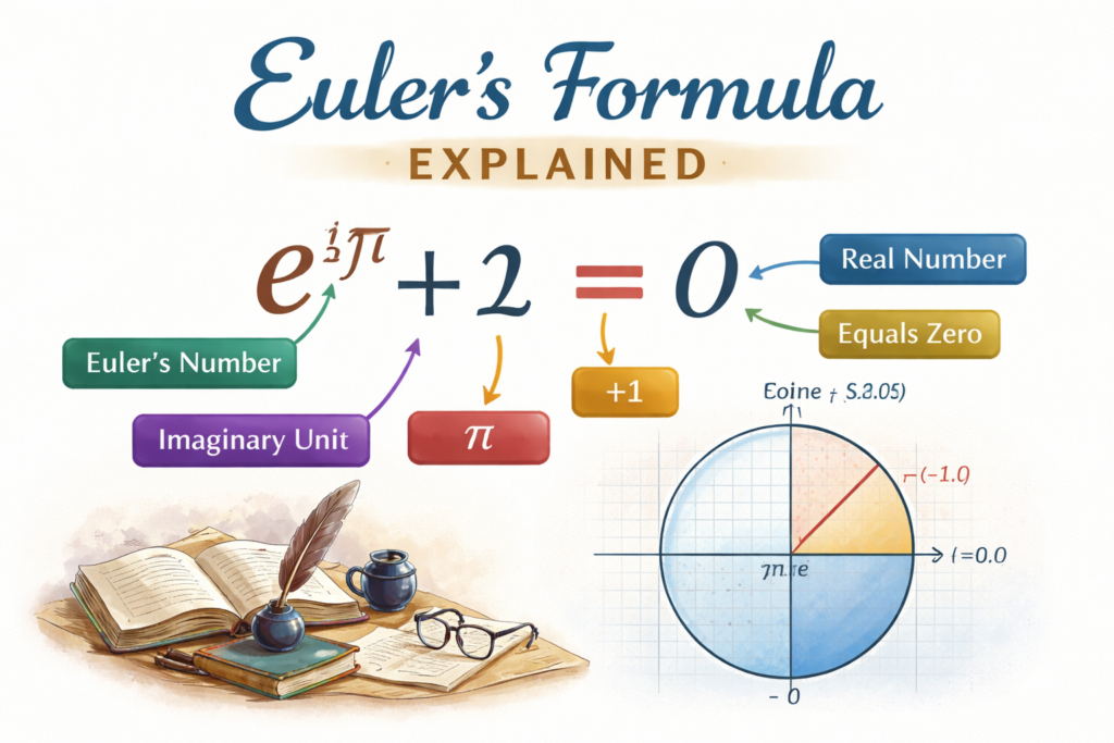 A clean educational illustration of euler formula displayed on a white background, highlighting the famous equation in a visually engaging way. The design includes labeled components such as Euler’s number, the imaginary unit, and pi for better understanding. A unit circle diagram is shown to demonstrate the geometric interpretation of euler formula. Additional elements like books and writing tools add a scholarly and mathematical theme. This image effectively represents euler formula as both a mathematical identity and a visual concept.