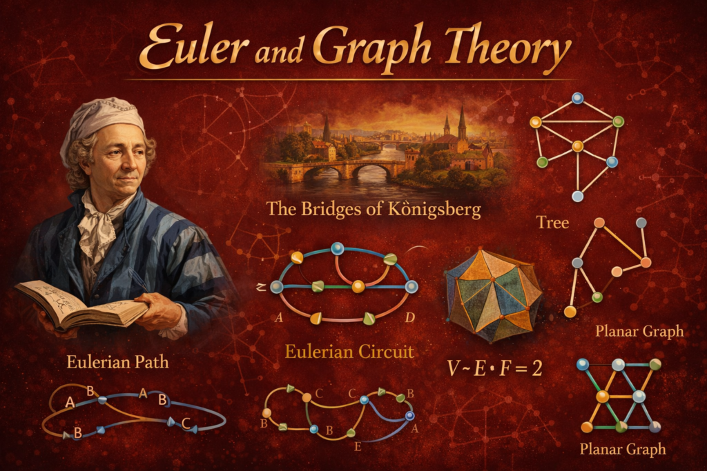A vibrant illustration of euler graph theory set against a rich red background, featuring a portrait of Leonhard Euler holding an open book. The image includes visual representations of the famous Königsberg bridges problem and connected node diagrams. Colorful graphs and network structures highlight key concepts central to euler graph theory. Elements such as Eulerian paths, circuits, and planar graphs are clearly depicted. The glowing design and structured layout emphasize mathematical connections and relationships. This artwork effectively captures euler graph theory as the foundation of modern network analysis.
