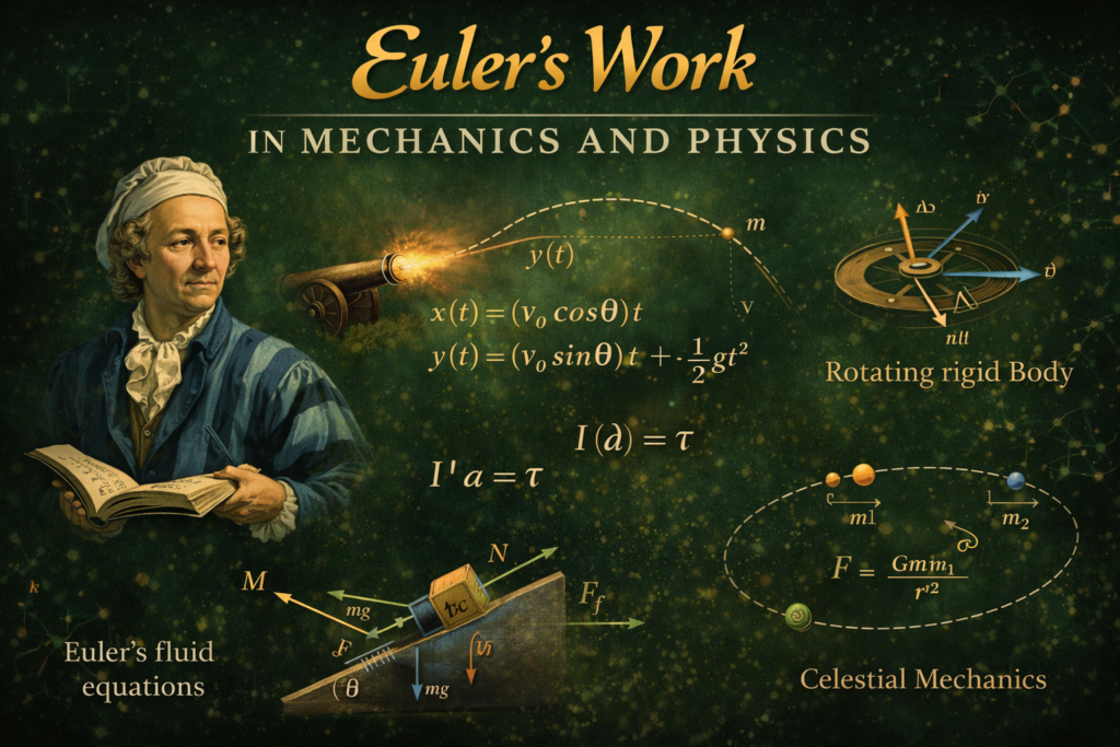 A detailed illustration of euler physics work set against a deep green background, featuring a portrait of Leonhard Euler holding a book. The image includes visual elements of mechanics such as projectile motion, rotating bodies, and force diagrams. Mathematical equations related to motion and energy highlight key ideas from euler physics work. Celestial mechanics and orbital paths are also depicted, emphasizing his influence in astronomy. The glowing green and gold tones create a scientific and elegant atmosphere. This artwork effectively represents euler physics work and its impact on modern physics and engineering.