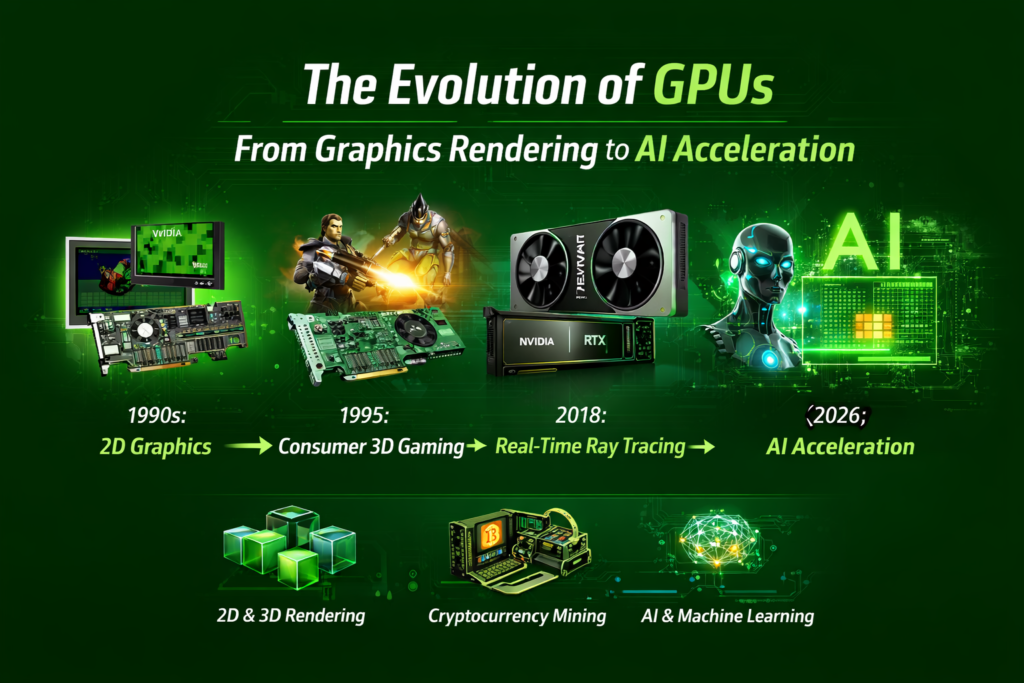 Infographic showing the evolution of gpus from early 2D graphics cards in the 1990s to modern AI acceleration hardware in 2026. The timeline highlights major milestones including 3D gaming, real-time ray tracing, cryptocurrency mining, and AI-powered GPUs. A green technology background with circuit patterns visually represents how graphics processors evolved into powerful engines for machine learning and advanced computing.