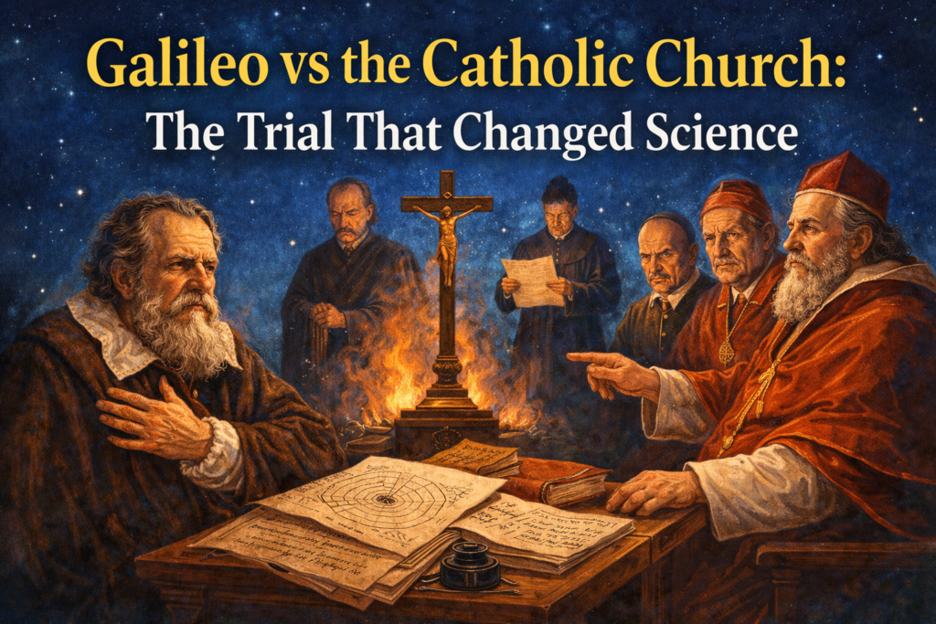 The Shocking Power Struggle Galileo vs the Catholic Church That Changed Science Forever Illustration of the historic courtroom confrontation during the galileo catholic church trial, showing Galileo standing before church authorities under a deep blue background. Historical artwork depicting the dramatic 1633 Roman Inquisition scene where Galileo defended his scientific views about the heliocentric universe. Visual representation of Galileo presenting astronomical notes and telescope observations during the galileo catholic church trial. Educational illustration highlighting the conflict between scientific discovery and religious authority in early modern Europe. Scene symbolizing the moment when Galileo faced charges for supporting the copernicus solar system model. Historical depiction of the famous scientific controversy that shaped the relationship between science and religion.