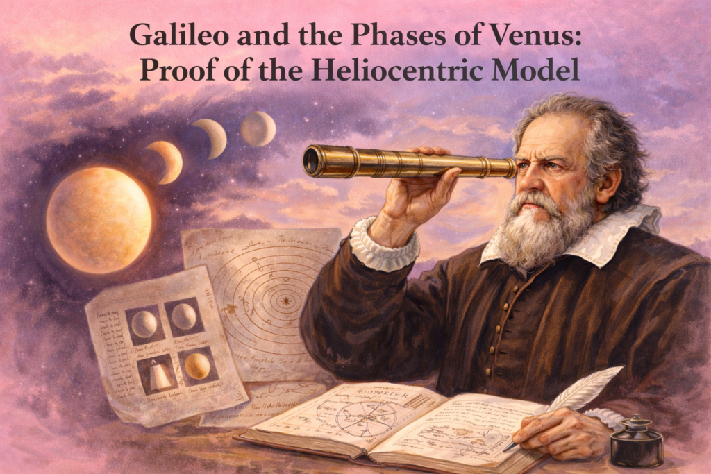 Illustration of Galileo Galilei observing Venus through a telescope while documenting planetary phases in the early seventeenth century. Educational depiction showing the sequence of crescent and full Venus that confirmed galileo phases of venus through telescopic observation. Artwork highlighting the historical moment when Galileo recorded planetary illumination patterns that supported the heliocentric solar system. Scientific scene featuring diagrams of Venus phases and early telescope notes used to study planetary alignment. Visual representation of the astronomical breakthrough known as galileo phases of venus that challenged the geocentric model of the universe. Historical astronomy illustration demonstrating how telescopic evidence transformed understanding of solar system geometry.
