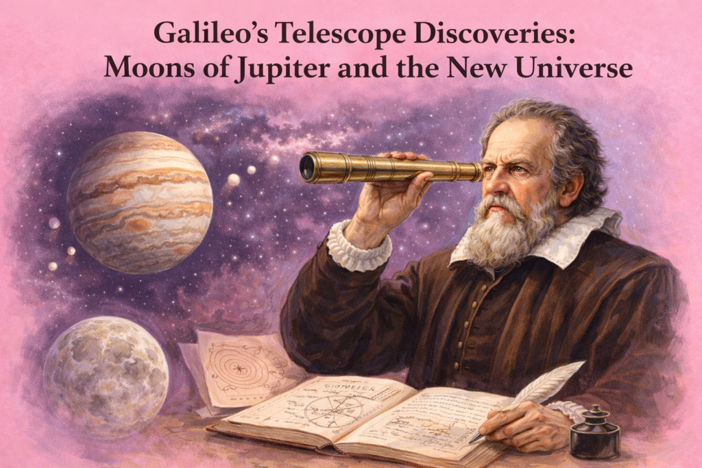 The Shocking Scientific Breakthrough Galileo Telescope Discoveries That Changed the Universe Illustration of Galileo Galilei observing the night sky with a telescope while studying Jupiter and its moons against a pink background. Historical depiction highlighting galileo telescope discoveries that revealed the four moons of Jupiter and transformed astronomy. Artwork showing Galileo recording his celestial observations with charts and notes from early telescopic astronomy. Educational image representing the revolutionary telescope findings that challenged geocentric beliefs about the universe. Visual representation of the 1610 astronomical observations that began the Galilean moons history and early planetary science. Scientific illustration demonstrating how galileo telescope discoveries opened a new era of celestial observations and space exploration.