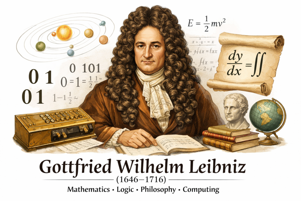 Illustration of Gottfried Wilhelm Leibniz surrounded by mathematical formulas, binary numbers, and scientific tools representing gottfried wilhelm leibniz discoveries on a clean white background. Educational artwork showing Leibniz working with calculus symbols like dy divided by dx and integral signs, highlighting his major contributions. Visual depiction of Leibniz with his mechanical calculator and binary system concepts symbolizing gottfried wilhelm leibniz discoveries in mathematics and computing. Historical illustration featuring Leibniz alongside books, globe, and scientific diagrams representing his work in logic, philosophy, and science. Conceptual image showing the connection between calculus, binary numbers, and universal logic through gottfried wilhelm leibniz discoveries. Scientific themed artwork emphasizing Leibniz role in shaping modern mathematics, computing, and intellectual reasoning systems.