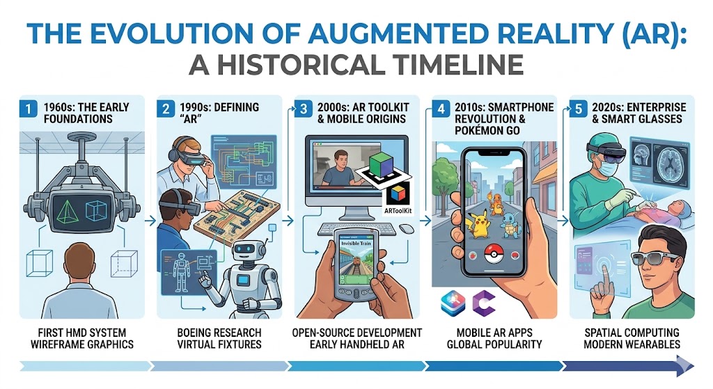An illustrated timeline infographic mapping the history of Augmented Reality (AR), tracing its evolution from 1960s HMDs to Smart Glasses. The visual features key milestones like Pokémon GO and enterprise spatial computing against a clean white background.