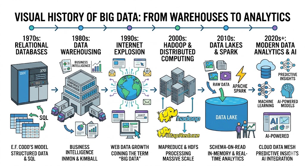 An illustrated timeline infographic depicting the history of Big Data, showcasing the transition from 1970s relational databases and SQL to 2020s AI-powered modern data analytics. The visual features key milestones like Hadoop's distributed computing, the rise of Data Lakes, and the evolution of cloud-based predictive insights on a clean white background.