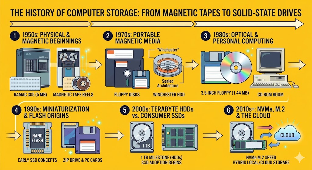 An illustrated infographic timeline detailing the history of computer storage, showing the transition from 1950s magnetic tapes and RAMAC 305 to modern NVMe SSDs and cloud storage. The visual features iconic hardware like floppy disks, CD-ROMs, and terabyte HDDs against a vibrant yellow background.