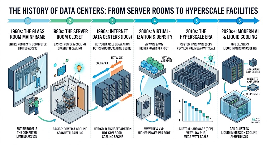 An illustrated infographic timeline detailing the history of data centers, showing the progression from 1960s glass-room mainframes to modern hyperscale facilities. The visual highlights technical milestones like virtualization, hot/cold aisle containment, and the shift toward AI-optimized liquid immersion cooling.