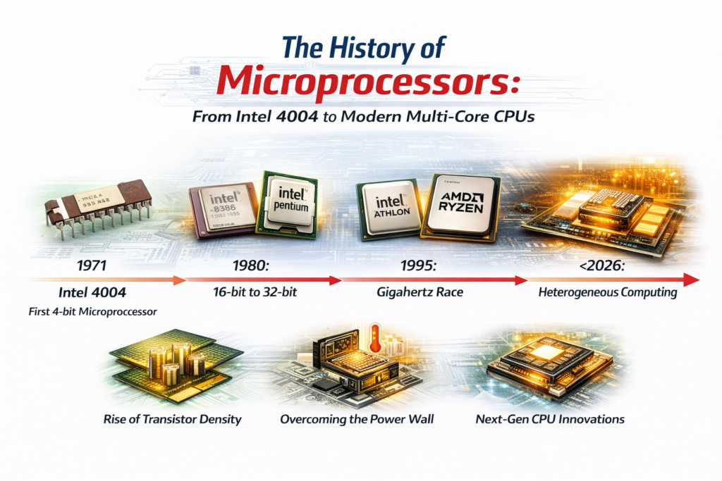 The Revolutionary History of Microprocessors: The Powerful Rise from Intel 4004 to Modern Multi-Core CPUs Infographic illustrating the history of microprocessors, showing the technological journey from the Intel 4004 in 1971 to modern multi-core CPUs and future heterogeneous computing designs. The visual timeline highlights key milestones such as the 16-bit and 32-bit architecture era, the gigahertz race, and the rise of AMD Ryzen processors. It represents how microprocessor innovation evolved through increased transistor density, improved performance, and advanced semiconductor fabrication.