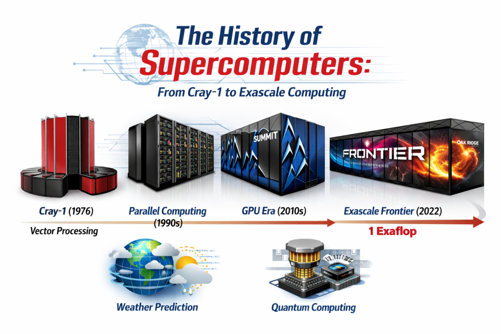 An infographic illustrating the history of supercomputers, showing major milestones from the Cray-1 (1976) and parallel computing era to GPU-based systems and the Frontier exascale supercomputer. The visual timeline highlights key advances in high-performance computing including vector processing, GPU acceleration, and exascale performance. It represents the evolution of supercomputer architecture and computing power from early machines to modern exaflop systems used in scientific research and AI.