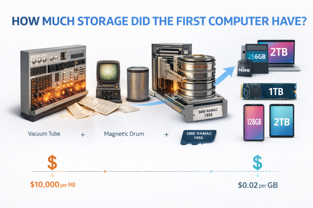 Infographic explaining how much storage did the first computer have, comparing early computer memory with modern storage devices. The image shows the evolution from vacuum tube computers and magnetic drum memory to the IBM RAMAC 5MB hard disk and modern SSDs. It visually highlights how much storage did the first computer have and how storage capacity has dramatically increased over time.