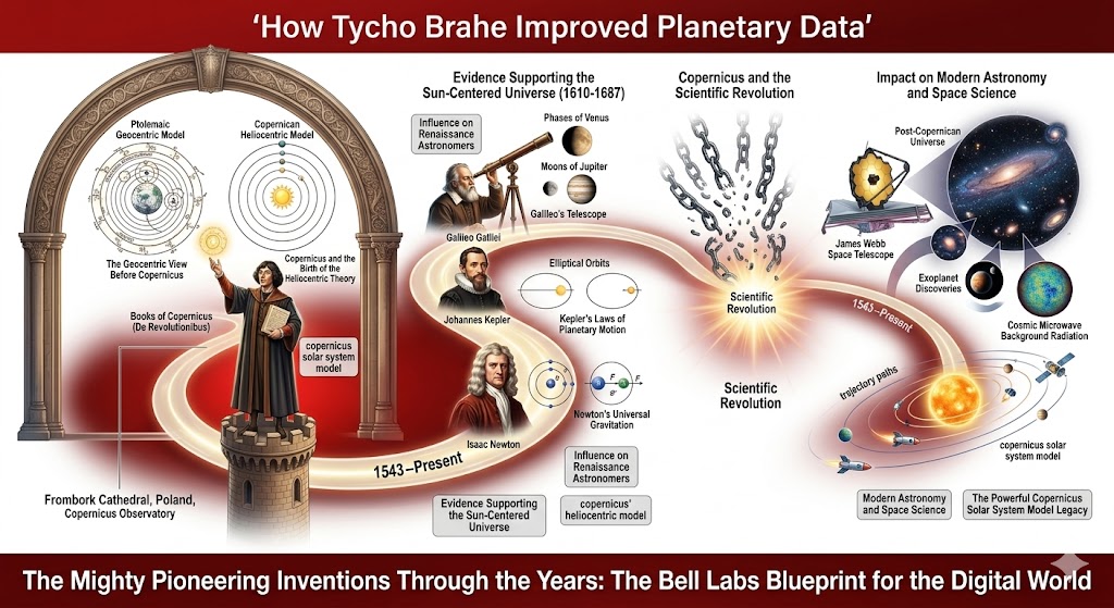 An informative infographic showcasing how tycho brahe improved planetary data by bridging the gap between ancient theory and modern science. The visual tracks the evolution of astronomy from the geocentric view to the copernicus solar system model, highlighting how Tycho’s precision measurements at Uraniborg enabled Kepler’s discovery of elliptical orbits and Newton’s laws. It demonstrates the enduring impact of this refined data on modern space exploration, from the James Webb Space Telescope to current trajectory paths in our solar system.