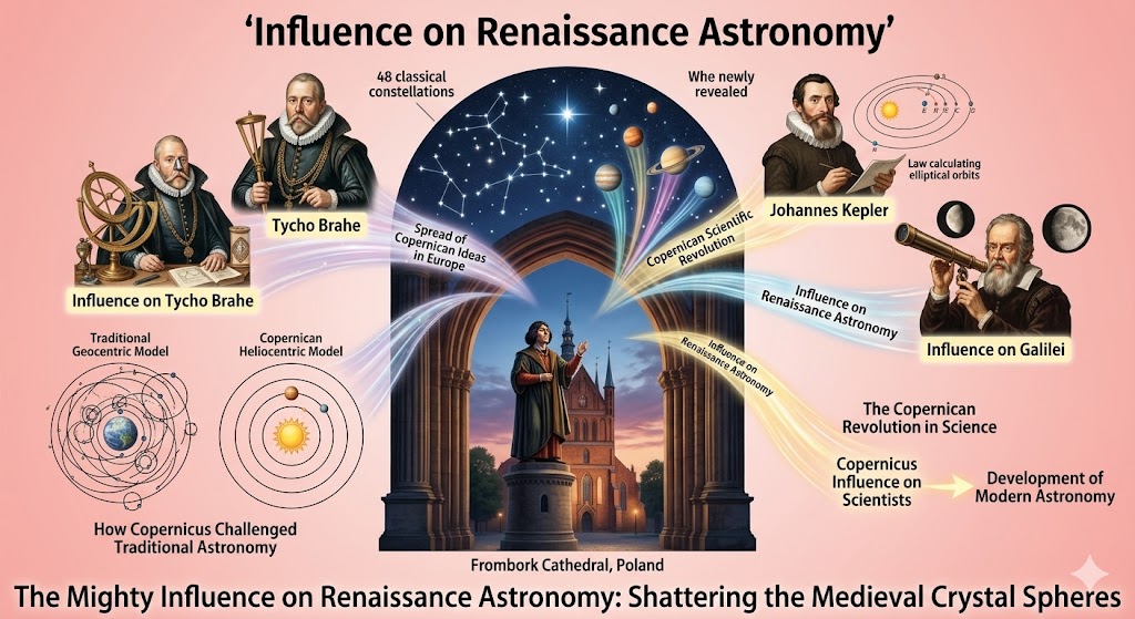 An educational infographic illustrating the influence on renaissance astronomy, showing Copernicus at the center beneath an archway. The visual features scientific giants like Tycho Brahe, Johannes Kepler, and Galileo Galilei, tracing the transition from the traditional geocentric model to the heliocentric revolution that defined the development of modern astronomy.