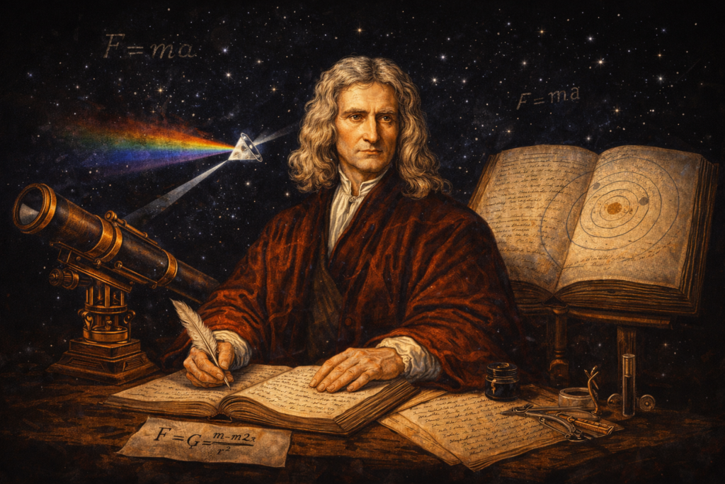 Illustration of Isaac Newton studying mathematics and optics while writing scientific notes under a star filled black background. Historical artwork representing isaac newton discoveries including gravity motion and light spectrum experiments. Visual depiction of Newton working with a prism creating a rainbow spectrum during his famous optics research. Educational scene showing telescopes manuscripts and mathematical formulas connected to isaac newton discoveries. Scientific illustration highlighting Newton contribution to physics including gravity laws and motion principles. Artwork symbolizing the revolutionary impact of isaac newton discoveries on modern science and astronomy.