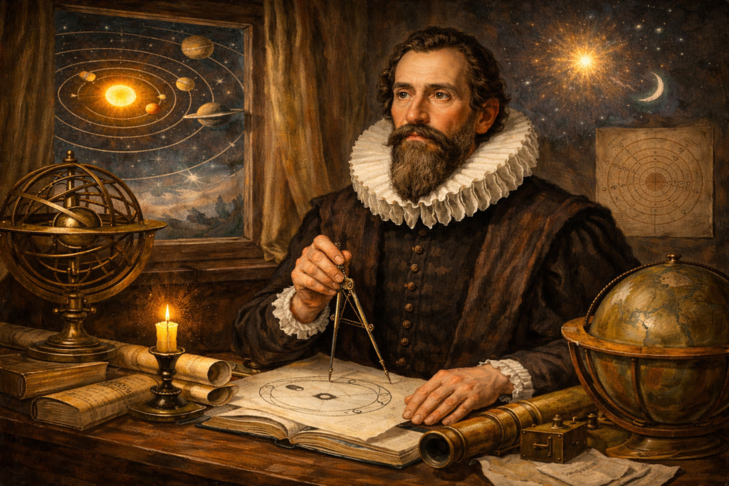 Johannes Kepler studying planetary motion with astronomical instruments and celestial charts in a 17th-century observatory. Illustration representing johannes kepler discoveries in astronomy, including planetary motion and elliptical orbits. Historic depiction of the German astronomer whose research transformed modern space science and planetary calculations.