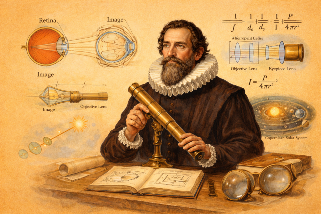The Brilliant Breakthrough: Johannes Kepler Optics Discovery and the Powerful Science of Vision, Lenses, and Telescopes Johannes Kepler studying optics and holding a telescope while diagrams of lenses, light rays, and the human eye appear around him on a light orange background. Educational illustration representing johannes kepler optics discovery and his groundbreaking research on vision, lenses, and telescopes. Scientific depiction of Kepler explaining retina image formation and refractive light theory from his book Dioptrice (1611). Visual representation of the Keplerian telescope design using two convex lenses for higher magnification. Artwork highlighting Kepler’s influence on optical physics history and the science of vision in early modern astronomy.