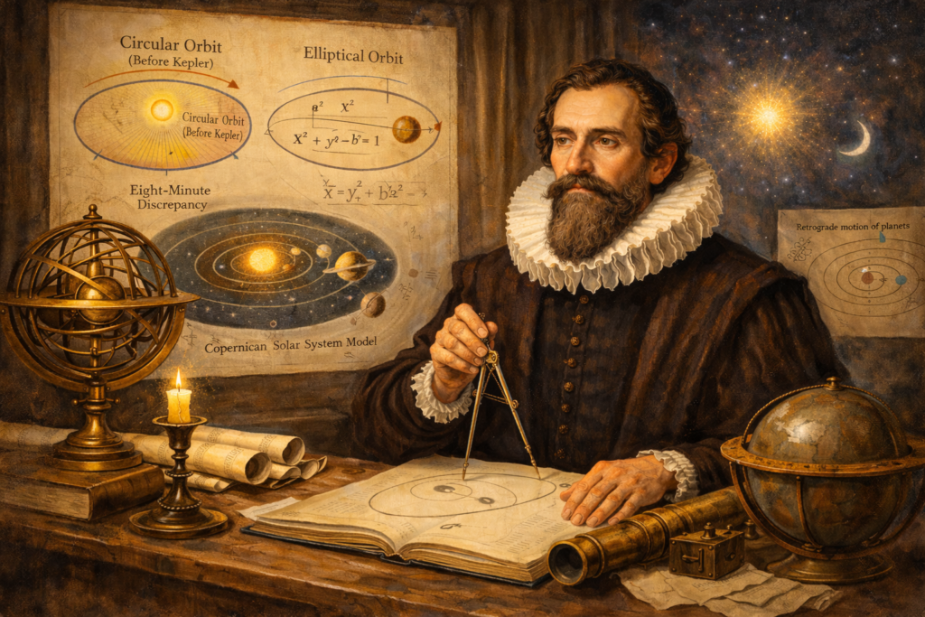 The Powerful Breakthrough: How Johannes Kepler Discovered Elliptical Orbits and Ended the Circular Orbit Theory Johannes Kepler studying planetary motion diagrams while developing the theory of elliptical orbits in a Renaissance observatory. Illustration representing how kepler discovered elliptical orbits and replaced the ancient circular orbit theory. Scientific depiction of Kepler analyzing Mars’ orbit with astronomical instruments and mathematical charts.
