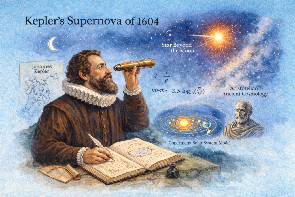 The Shocking Cosmic Breakthrough: Kepler Supernova 1604 and the Powerful Observation That Challenged Ancient Cosmology Illustration of Johannes Kepler observing a bright stellar explosion in the constellation Ophiuchus against a light blue background. Historical depiction of the famous kepler supernova 1604, also known as Kepler’s Star, recorded during the Scientific Revolution. Artwork showing Kepler studying the sudden appearance of a new star that challenged Aristotelian cosmology and the belief in unchanging heavens. Visual representation of the 1604 supernova event documented in Kepler’s book De Stella Nova. Educational astronomy illustration highlighting how kepler supernova 1604 transformed the understanding of stellar explosions and cosmic evolution.