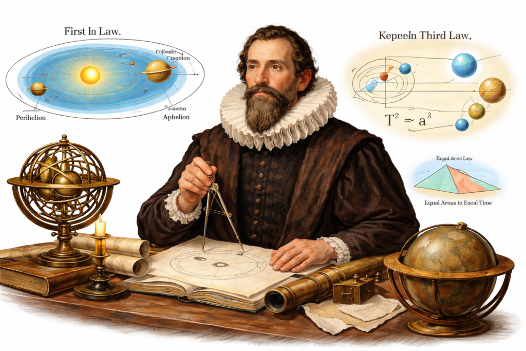 The Revolutionary Power of Kepler’s Three Laws of Planetary Motion Explained Johannes Kepler demonstrating planetary motion with diagrams of elliptical orbits and mathematical formulas on a clean white background. Educational illustration explaining kepler’s three laws of planetary motion with planetary orbit charts and astronomical instruments. Visual representation of Kepler’s revolutionary discovery that shaped orbital mechanics and modern astronomy.